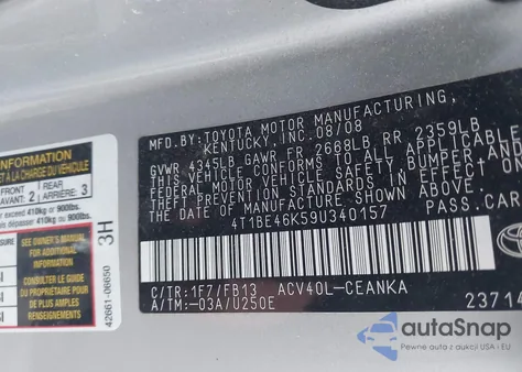 2009 Toyota Camry Le из США, поврежденный, VIN 4T1BE46K59U340157